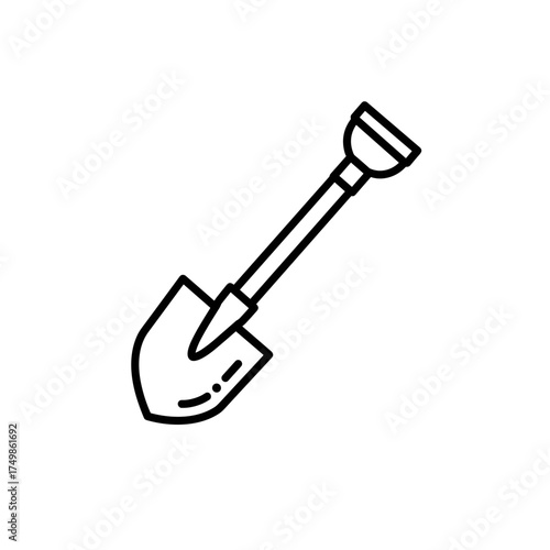 Farmer's shovel with a wooden handle. Vector black and white outline icon on a transparent background is from the "Dairy Farm Icons" series.
