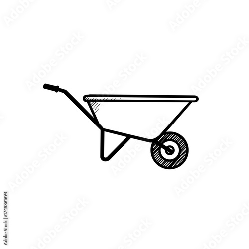 A simple farmer's wheelbarrow with an outline drawing. This vector black and white outline icon on a transparent background is from the "Dairy Farm Icons" series. 