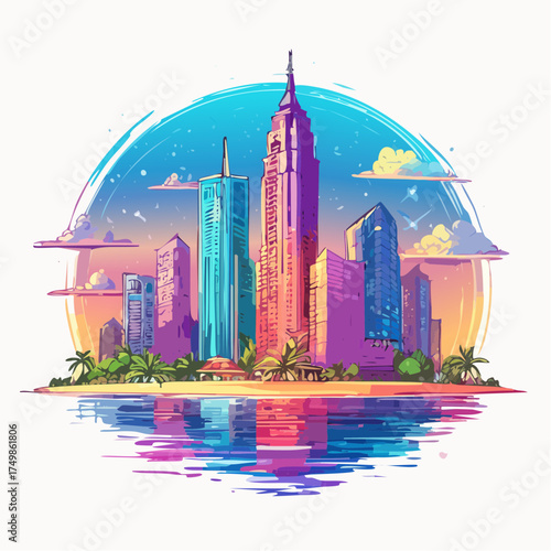 Colorful cityscape illustration of buildings and waterfront with vibrant sunset