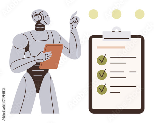 Humanoid robot holding a clipboard, pointing at a checklist with completed tasks. Ideal for automation, productivity, task management, AI, future technology, robotics efficiency. Simple flat