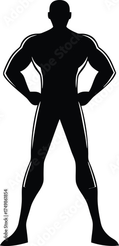 Impressive black silhouette of a muscular man standing powerfully with hands on hips