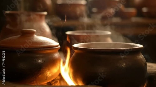 Warm Firelit Village Kitchen – Woman Cooking Beside Glowing Clay Pots in Cinematic 4K Ultra-Realistic Detail