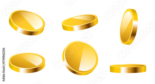 Gold coins. Set of gold coins. Vector 3d clipart isolated on brown background.