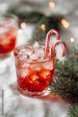 Festive Red Drink With Candy Cane and Pine Branch Set Against a Holiday Backdrop