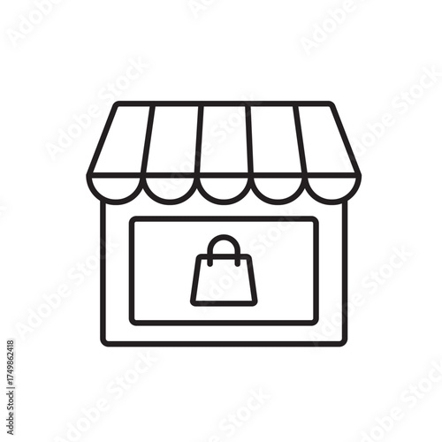 A vector icon of a storefront with a shopping bag, representing an online shop main page or product showcase, created in line style with editable stroke