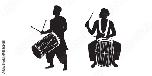 Silhouette illustration of traditional Indian drummers playing drums with white background