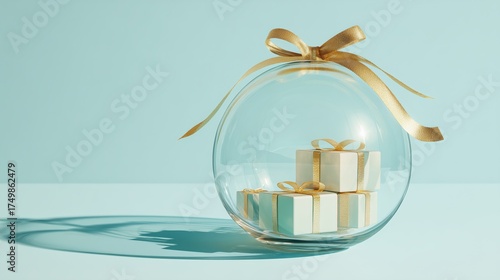 Cute Gift Boxes Inside a Clear Glass Dome on a Light Blue Background