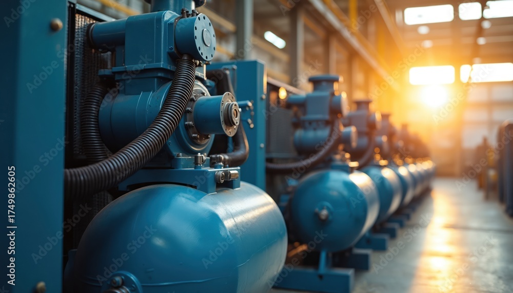 Fototapeta premium Row of large blue industrial air compressors inside modern factory building. Machines connected with pipes, hoses for air supply. Sunlight fills industrial space, showing powerful equipment for