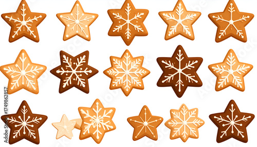 Festive Star-Shaped Christmas Cookies in Various Designs and Colors, Perfect for Holiday Baking and Decorations