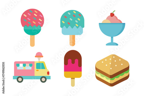 Assortment of colorful summer dessert and snack icons featuring popsicles, ice cream sundae, food truck, and sandwich.