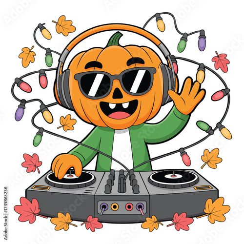 DJ pumpkin playing music