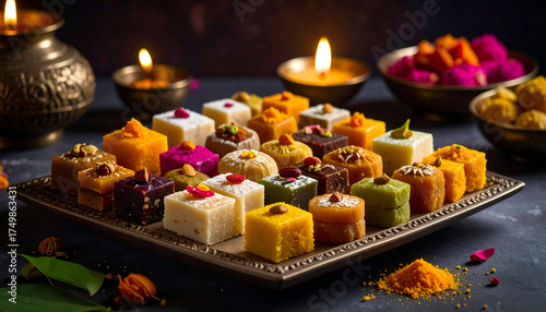A Colorful Assortment of Indian Sweets and Desserts, Decorated with Spices and Lit Candles