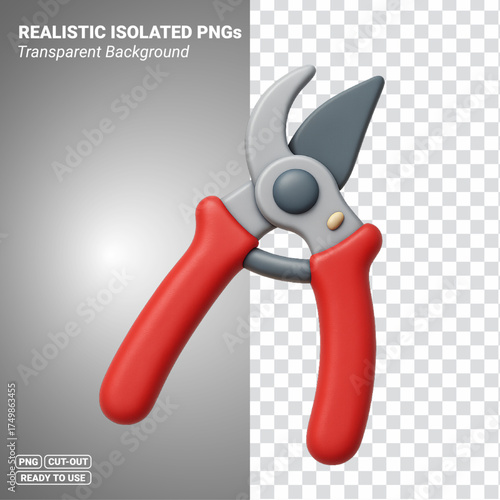 3D pruning shears garden clippers secateurs icon isolated image. Transparent PNG file ready to be used.