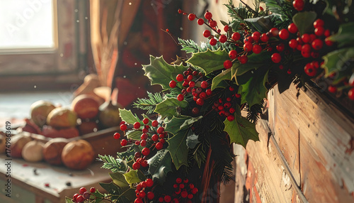Festive Christmas Holly and Berries Garland with Apples and Pine Cones on a Rustic Wooden Surface