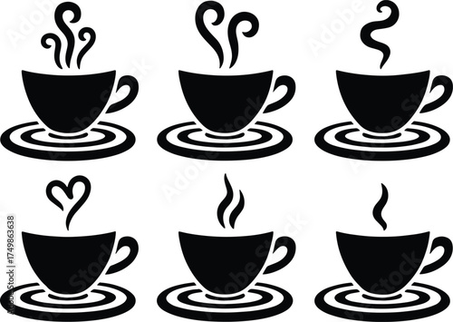 Seamless coffee pattern with steaming cups on saucers in black