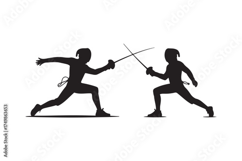 Silhouettes of two fencers engaged in a duel