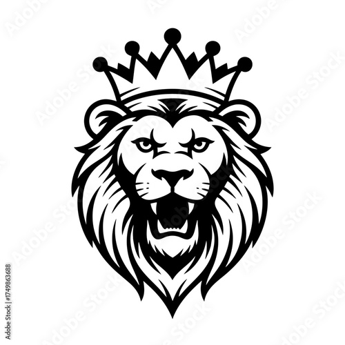 tattoo design of a roaring lion wearing a crown, with
a simple and clean white background