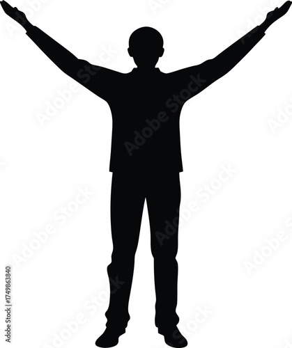 A black silhouette of a man standing with both arms outstretched upwards in a celebratory pose