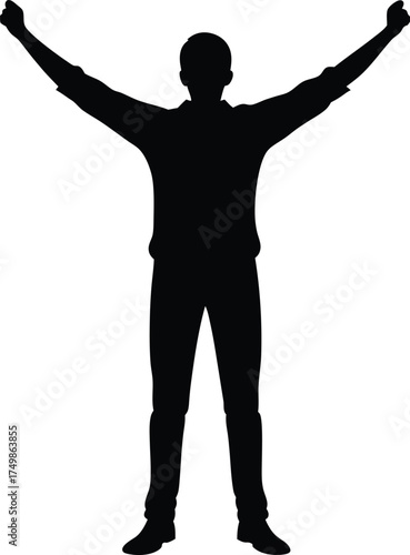 A black silhouette of a man standing with both arms raised and fists clenched in a triumphant pose