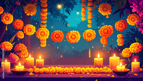 Vibrant Marigold Garlands and Warm Candlelight Illuminate a Traditional Festival Setting, Evoking Cultural Celebration and Spiritual Serenity with Festive Decor