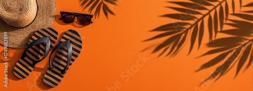 Summer Accessories on an Orange Backdrop With Shadows in Bright Sunlight