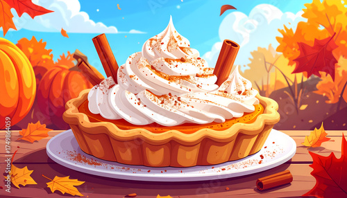 Delicious Autumn Pumpkin Pie Topped with Whipped Cream and Cinnamon Sticks, Perfect for Fall Season Celebrations