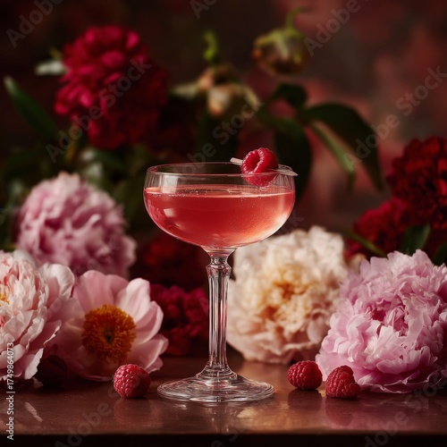 Refreshing Cocktail With Raspberries and Beautiful Flowers in a Cozy Setting