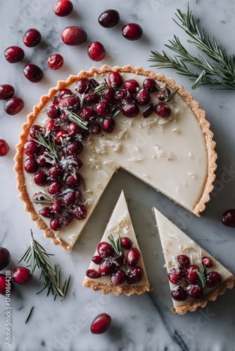 Creamy Cranberry Tart With Fresh Rosemary on a Marble Surface