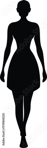 A black silhouette of a slim woman walks forwards wearing a dress