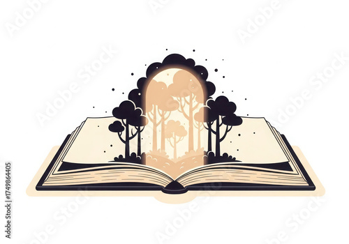 Open book with a magical portal and silhouette trees emerging