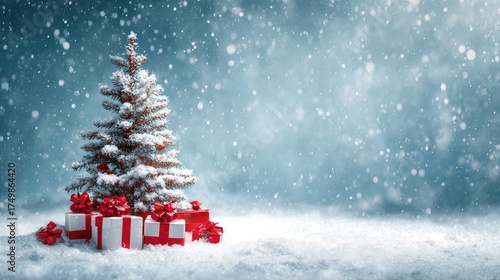 Blue snow scene features snow-covered tree, gifts, and falling snow. Ideal for seasonal backgrounds, holiday posters, or Christmas branding.