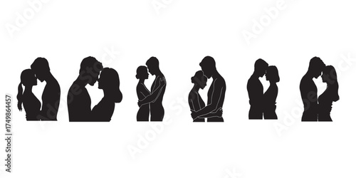 Silhouettes of Couples Embracing in Various Poses on White Background