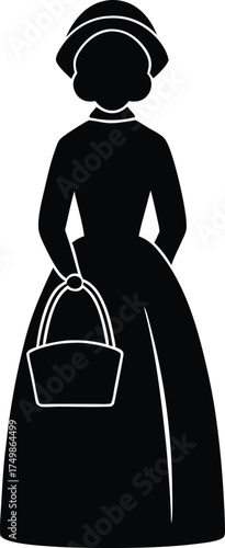 A black silhouette of a woman in a long dress and bonnet holding a small basket