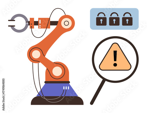 Robotic arm with detailed mechanical components, locked padlocks, and warning sign under magnifying glass. Ideal for technology, automation, cybersecurity, industrial safety, risk management