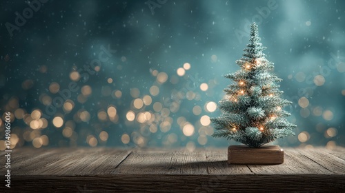 Teal bokeh and wood with snowy Christmas tree create a festive backdrop for holiday branding, posters, or product photography.