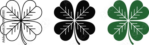 Minimalist illustration of three identical four leaf clover designs in outline, solid black, and green styles with clean symmetrical leaf details