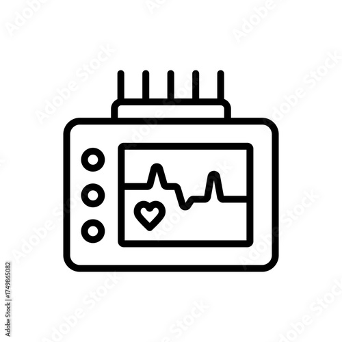 Cardiogram monitoring outline icon. Holter monitoring system. Heart beats symbol on screen. Cardiogram sign on white background. Vector simple illustration.
