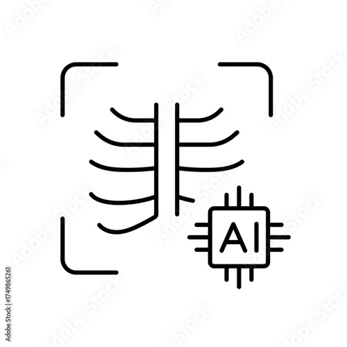 A vector icon of a chest X-ray with an AI chip, representing AI-assisted medical image analysis, created in line style with editable stroke
