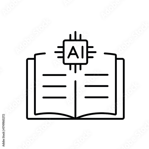 A vector icon of an open book with an AI chip, representing AI-assisted medical visualization and learning, created in line style with editable stroke