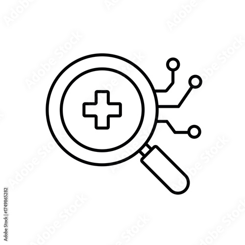 A vector icon of a magnifying glass with a medical cross and AI circuits, representing AI-assisted symptom analysis, created in line style with editable stroke