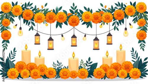 Vibrant Day of the Dead illustration featuring traditional Mexican marigold flowers, glowing candles, and decorative lanterns, symbolizing remembrance and celebration of cultural heritage