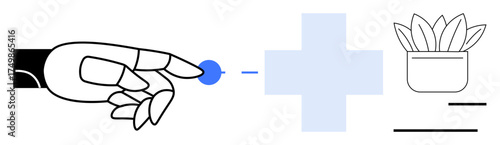 Hand reaching for small blue circle, large plus sign, and potted succulent. Ideal for innovation, technology, health, growth, minimalism balance design thinking. Simple flat metaphor