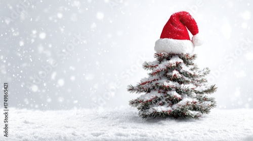 Festive red Santa hat sits atop snowy green pine tree, soft white snowfall. Holiday greeting card, seasonal promotion, Christmas background.
