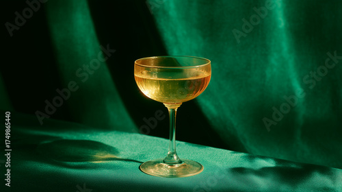 Elegant champagne glass with sparkling wine on table against green velvet curtain, luxury festive background for New Year, wedding, party invitations, posters, and holiday marketing	