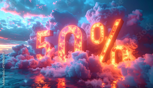 Spectacular 50 Percent Discount Concept Illuminated by Fiery Glow and Enveloped in Dramatic Colorful Clouds