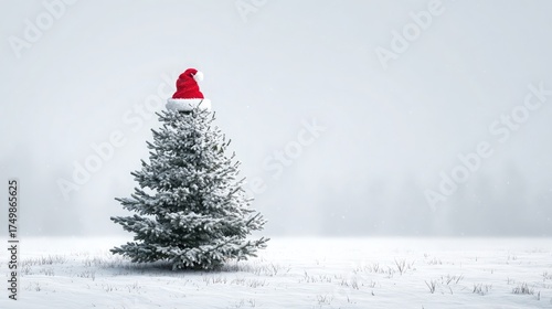Snowy tree wears red Santa hat on a bright white background. Winter themed design, branding, or posters.