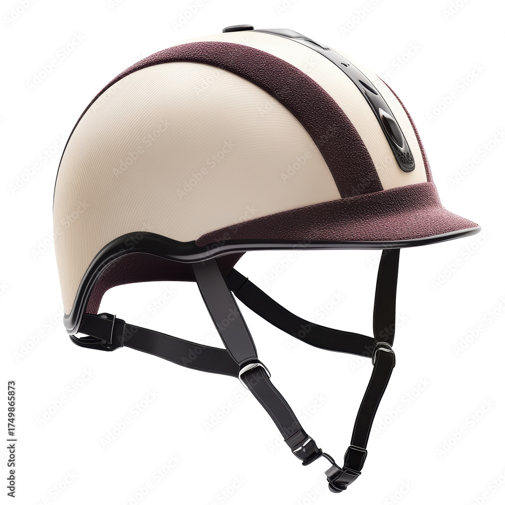 Fototapeta premium Cream and burgundy riding helmet with centered racing stripe.