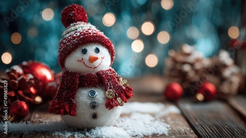 Red and white snowman figure poses against bokeh lights on a wooden surface. Ideal for Christmas promotions, holiday cards, and winter event posters.
