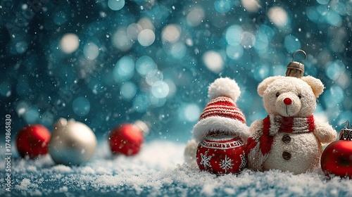 Christmas teddy bear sits in snow with ornaments against bokeh teal background. Festive holiday product shot for e-commerce, print, and social media promotions.