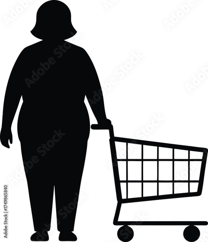 A black silhouette of an overweight woman stands next to an empty grocery shopping cart